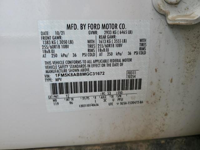 1FM5K8AB8MGC31672 - 2021 FORD EXPLORER POLICE INTERCEPTOR WHITE photo 12