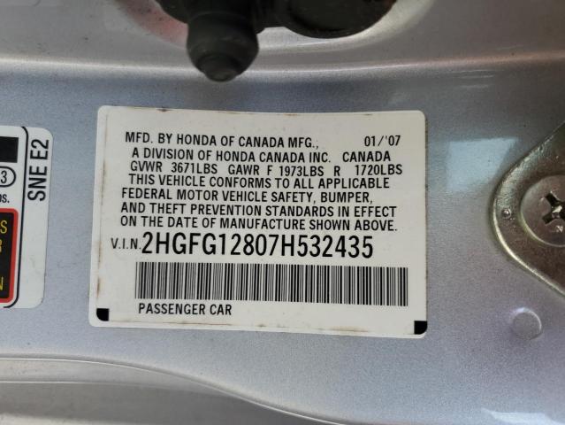 2HGFG12807H532435 - 2007 HONDA CIVIC EX SILVER photo 12