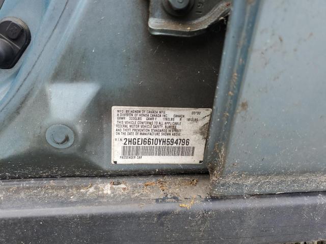 2HGEJ6610YH594796 - 2000 HONDA CIVIC BASE Dəniz mavisi foto 12