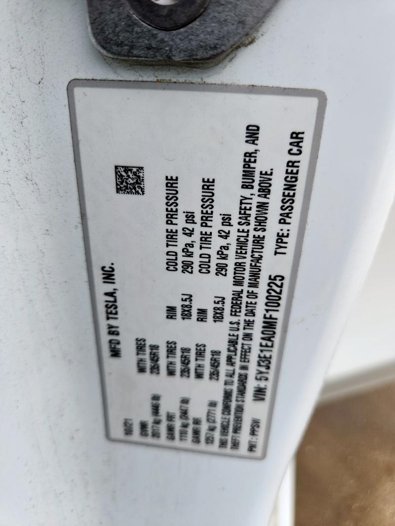 5YJ3E1EA0MF100225 - 2021 TESLA MODEL 3 Ağ foto 12