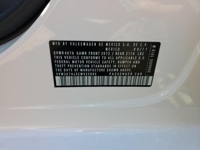 3VW2K7AJ3CM333889 - 2012 VOLKSWAGEN JETTA BASE Weiß Foto 12