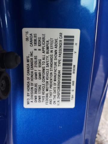 2HGFC3B39GH358344 - 2016 HONDA CIVIC EX BLUE photo 12