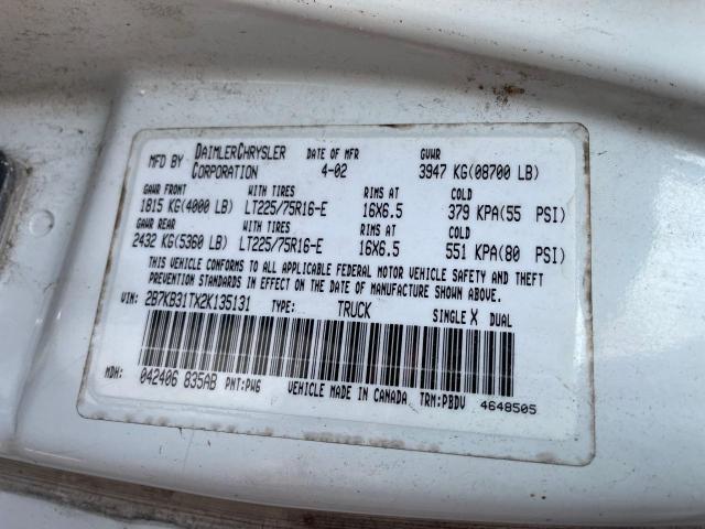 2B7KB31TX2K135131 - 2002 DODGE RAM VAN B3500 WHITE photo 10