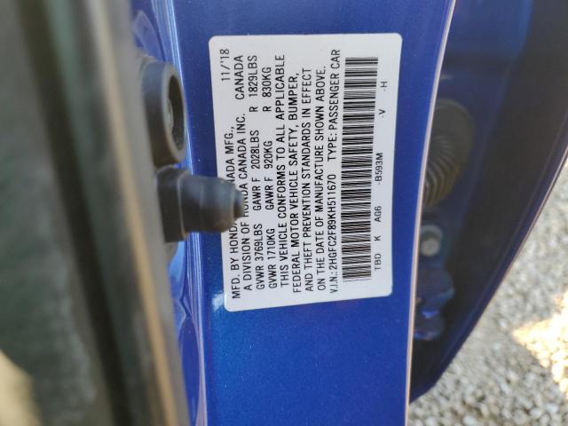 2HGFC2F89KH511670 - 2019 HONDA CIVIC SPORT 蓝色 照片 10