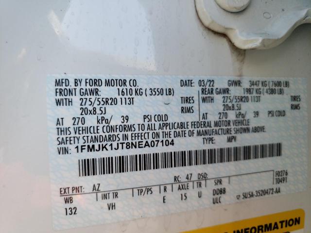 1FMJK1JT8NEA07104 - 2022 FORD EXPEDITION MAX XLT WHITE photo 13