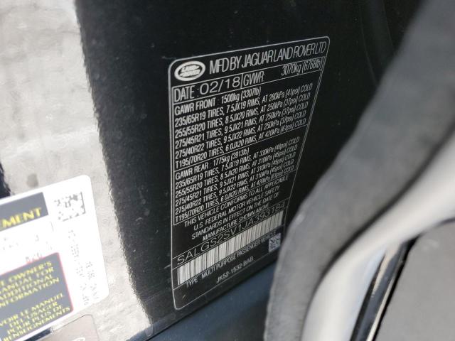 SALGS2SV1JA393184 - 2018 LAND ROVER RANGE ROVE HSE BLACK photo 10