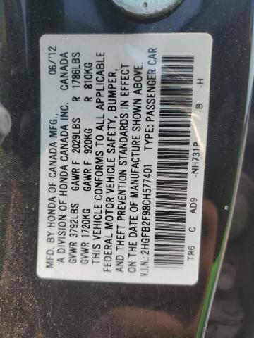 2HGFB2F98CH577401 - 2012 HONDA CIVIC EXL 黑色 照片 12