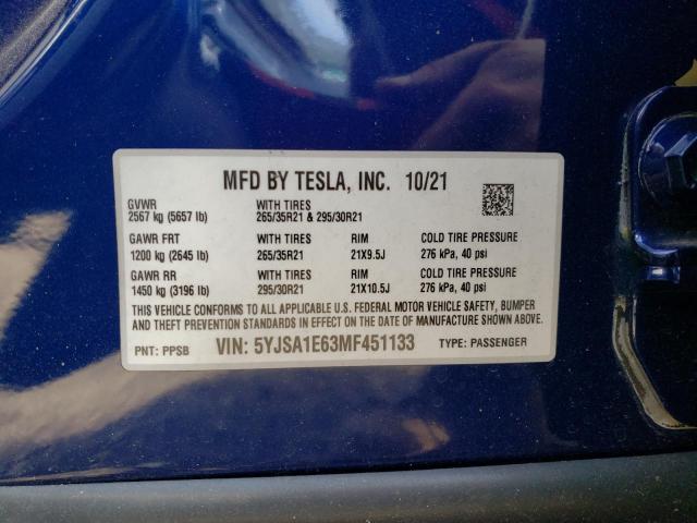 5YJSA1E63MF451133 - 2021 TESLA MODEL S Կապույտ լուսանկար 13