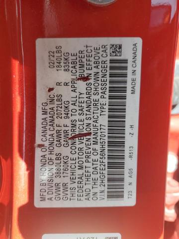 2HGFE2F56NH570177 - 2022 HONDA CIVIC SPORT RED photo 12