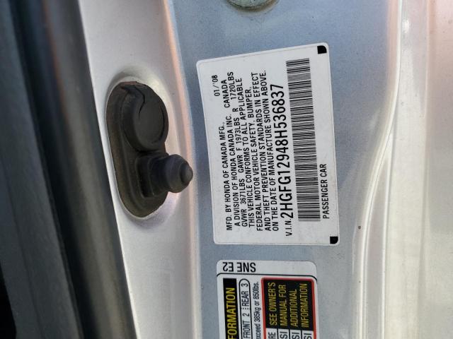 2HGFG12948H536837 - 2008 HONDA CIVIC EXL SILVER photo 12