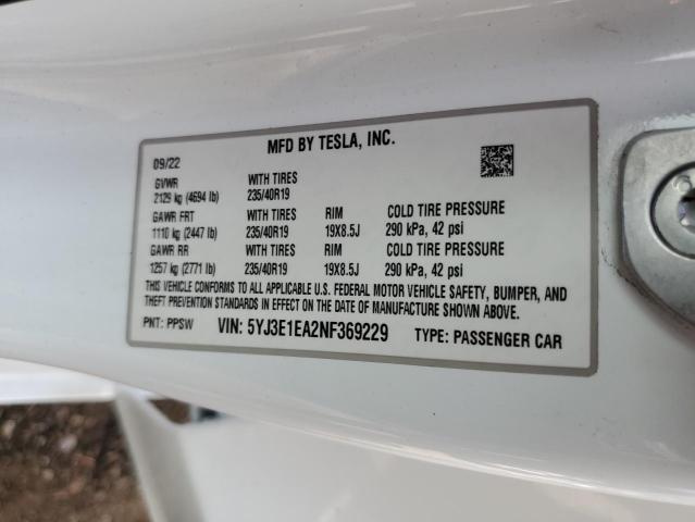 5YJ3E1EA2NF369229 - 2022 TESLA MODEL 3 WHITE photo 12