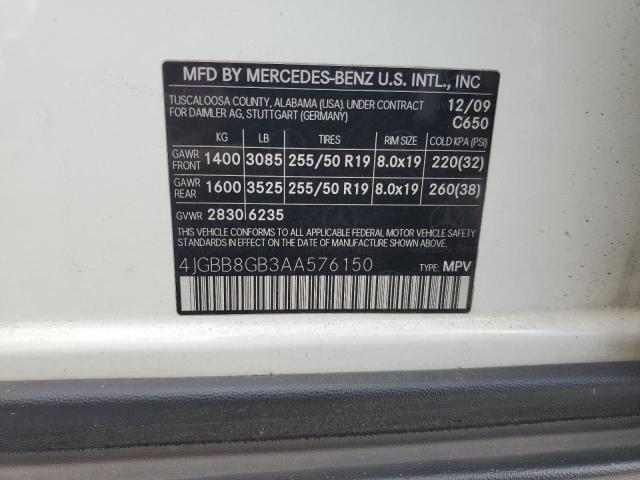 4JGBB8GB3AA576150 - 2010 MERCEDES-BENZ ML 350 4MATIC WHITE photo 12