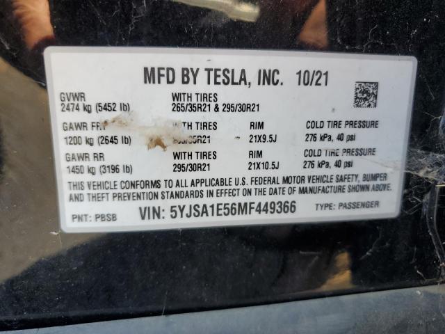 5YJSA1E56MF449366 - 2021 TESLA MODEL S 黑色 照片 12