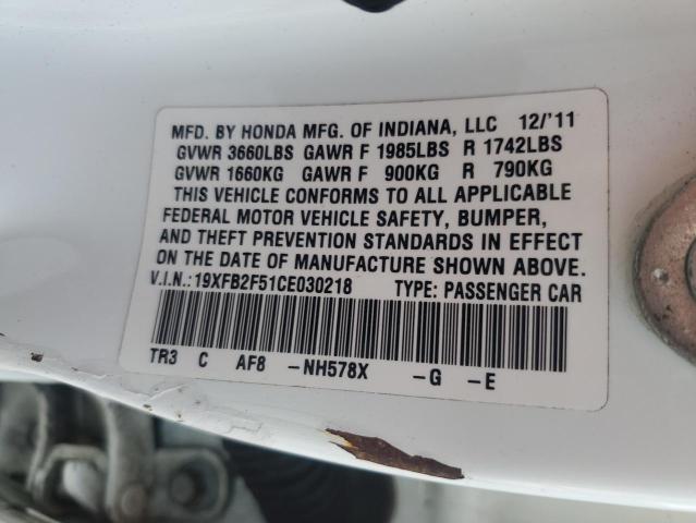 19XFB2F51CE030218 - 2012 HONDA CIVIC LX WHITE photo 13