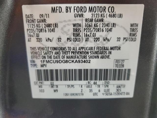 1FMCU9DG8CKA93402 - 2012 FORD ESCAPE XLT GRAY photo 13