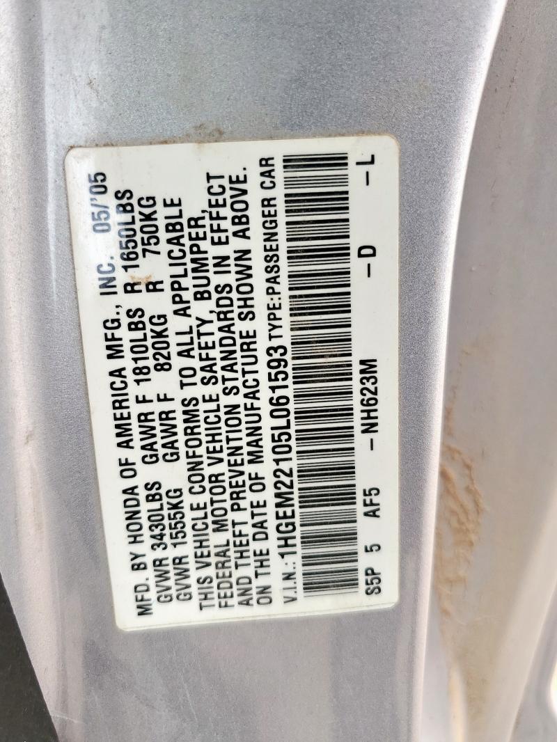 1HGEM22105L061593 - 2005 HONDA CIVIC DX VP Արծաթագույն լուսանկար 12