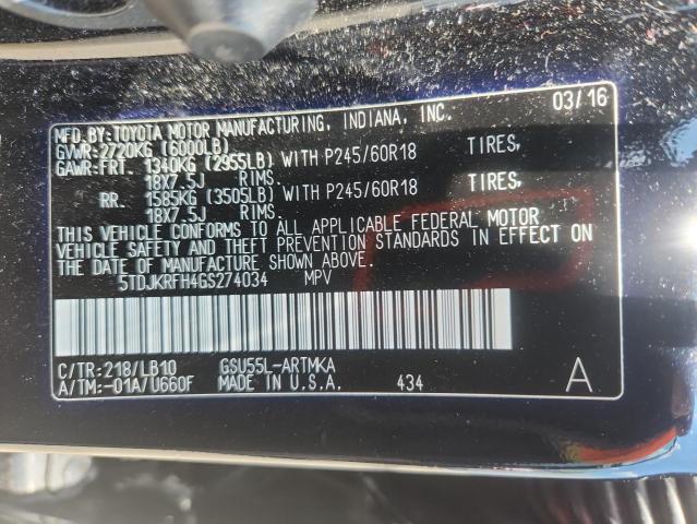 5TDJKRFH4GS274034 - 2016 TOYOTA HIGHLANDER XLE BLACK photo 13