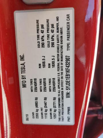 5YJ3E1EB1KF432907 - 2019 TESLA MODEL 3 RED photo 12