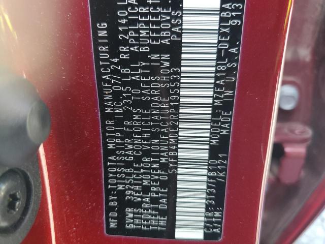 5YFB4MDE2RP195533 - 2024 TOYOTA COROLLA LE RED photo 12