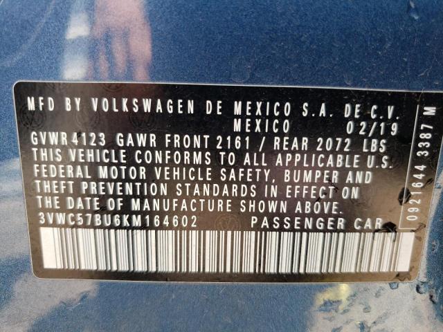 3VWC57BU6KM164602 - 2019 VOLKSWAGEN JETTA S BLUE photo 12