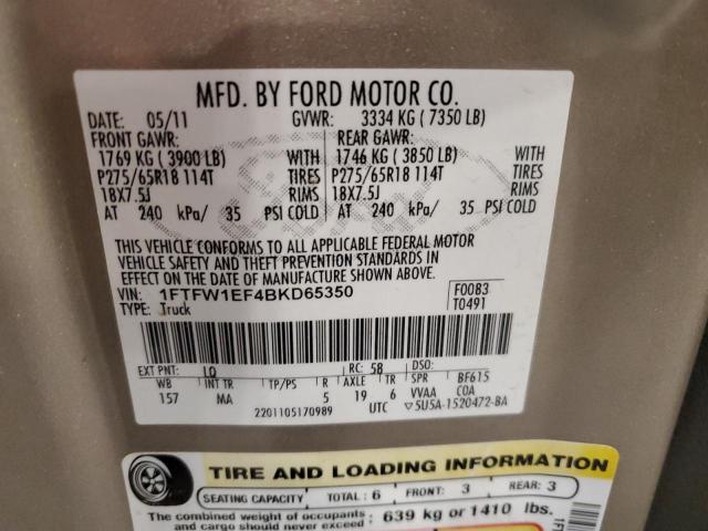 1FTFW1EF4BKD65350 - 2011 FORD F150 SUPERCREW TAN photo 12