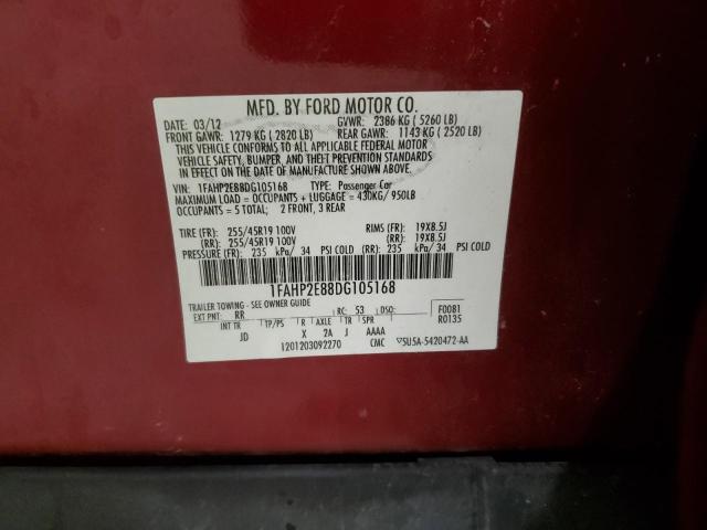 1FAHP2E88DG105168 - 2013 FORD TAURUS SEL RED photo 12