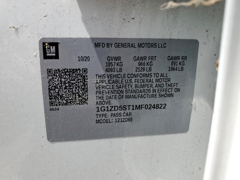 1G1ZD5ST1MF024822 - 2021 CHEVROLET MALIBU LT 白色 照片 12