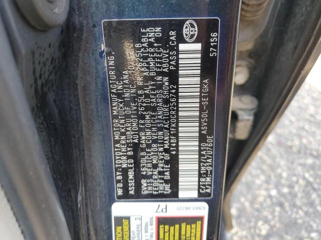 4T4BF1FK0CR256742 - 2012 TOYOTA CAMRY BASE 黑色 照片 12
