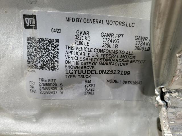 1GTUUDEL0NZ513199 - 2022 GMC SIERRA K1500 SLT SILVER photo 12