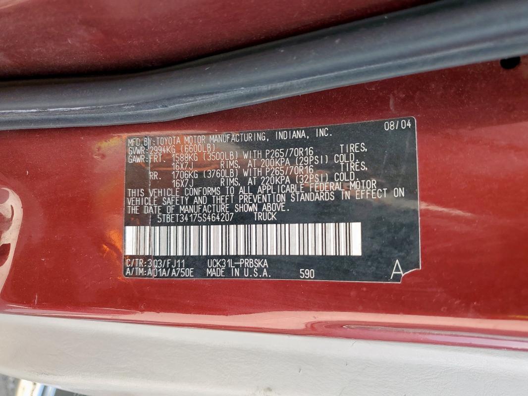 5TBET34175S464207 - 2005 TOYOTA TUNDRA DOUBLE CAB SR5 MAROON photo 12