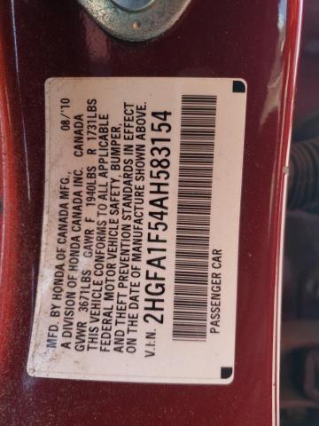 2HGFA1F54AH583154 - 2010 HONDA CIVIC LX მუქწითელი ფოტო 12