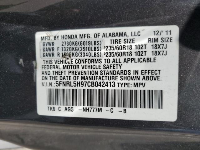 5FNRL5H97CB042413 - 2012 HONDA ODYSSEY TOURING GRAY photo 14