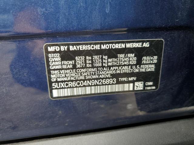 5UXCR6C04N9N26893 - 2022 BMW X5 XDRIVE40I BLUE photo 13