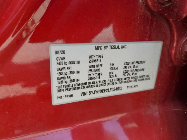 5YJYGDEE2LF034635 - 2020 TESLA MODEL Y RED photo 12