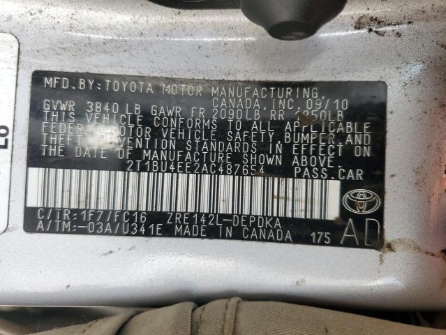 2T1BU4EE2AC487654 - 2010 TOYOTA COROLLA BASE SILVER photo 13