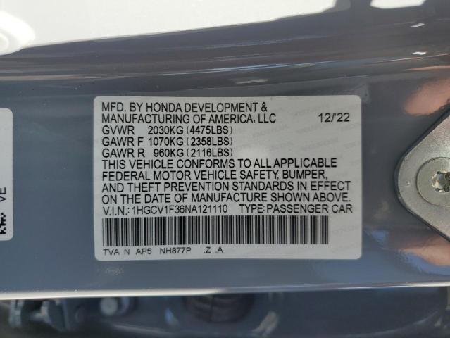 1HGCV1F36NA121110 - 2022 HONDA ACCORD SPORT GRAY photo 12