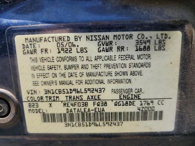 3N1CB51D96L592437 - 2006 NISSAN SENTRA 1.8 BLUE photo 12