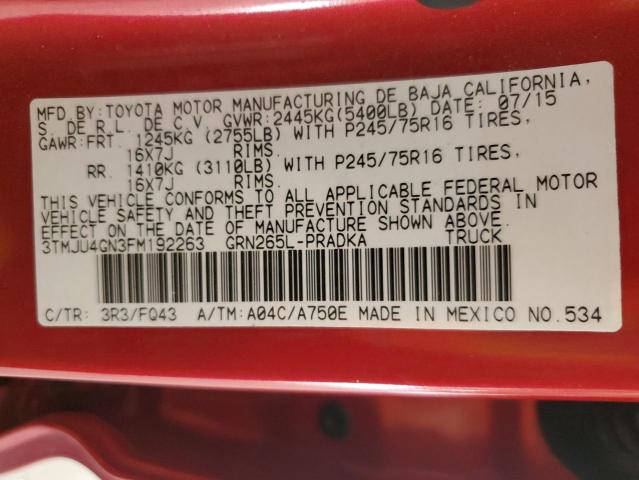 3TMJU4GN3FM192263 - 2015 TOYOTA TACOMA DOUBLE CAB PRERUNNER RED photo 12