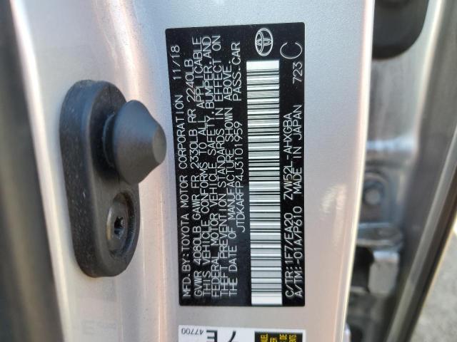 JTDKARFP4J3101959 - 2018 TOYOTA PRIUS PRIM SILVER photo 12
