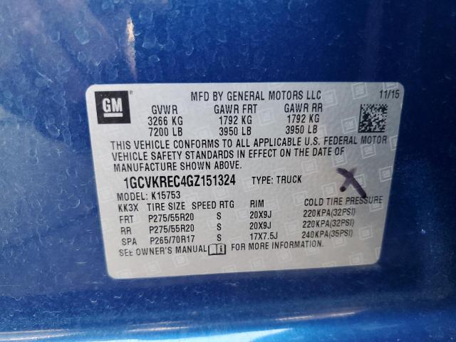 1GCVKREC4GZ151324 - 2016 CHEVROLET SILVERADO K1500 LT BLUE photo 12