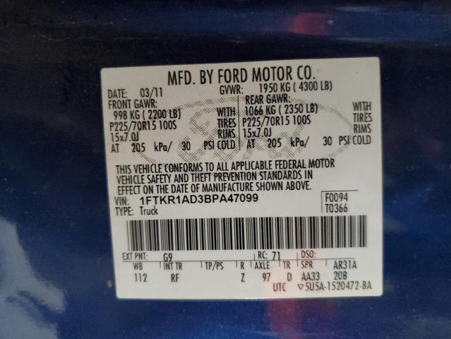 1FTKR1AD3BPA47099 - 2011 FORD RANGER BLUE photo 12