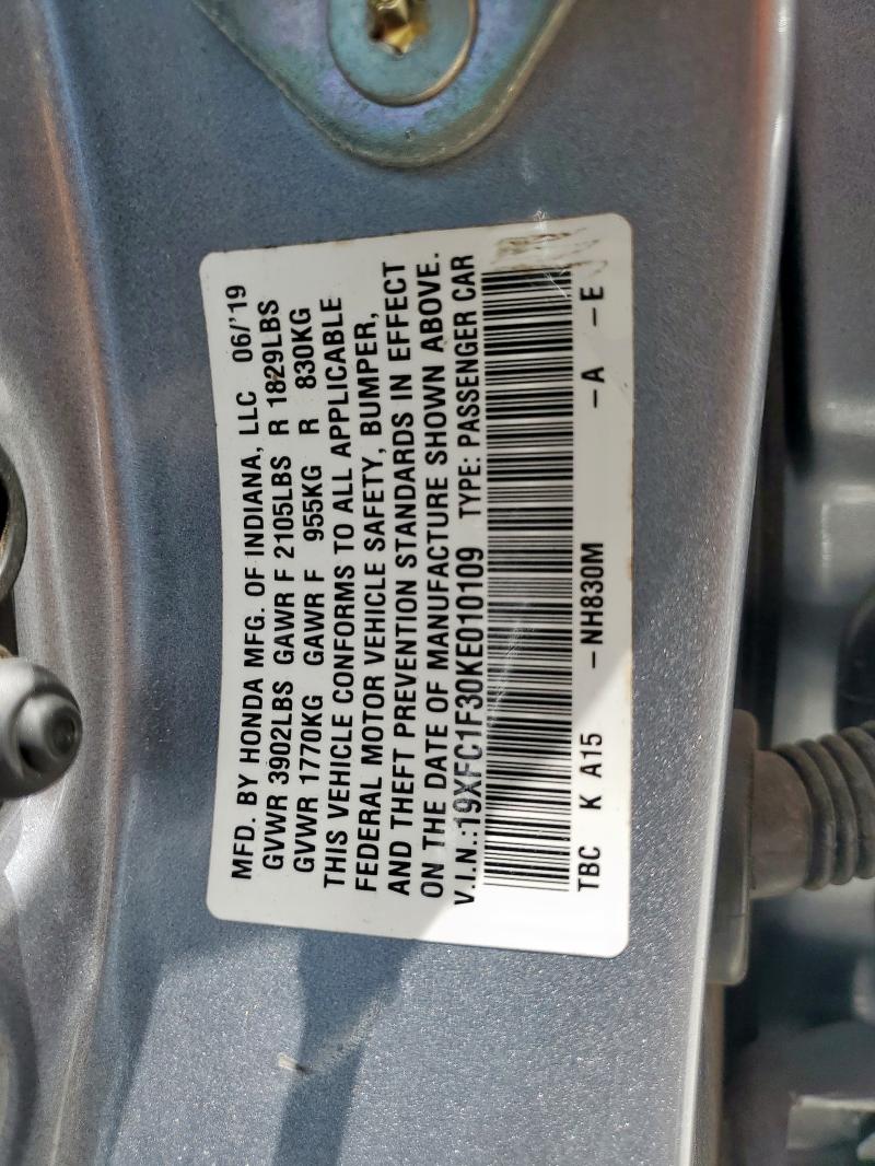 19XFC1F30KE010109 - 2019 HONDA CIVIC EX Күміс фото 12