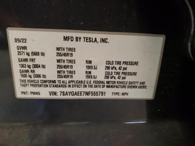 7SAYGAEE7NF555791 - 2022 TESLA MODEL Y ნაცრისფერი ფოტო 12