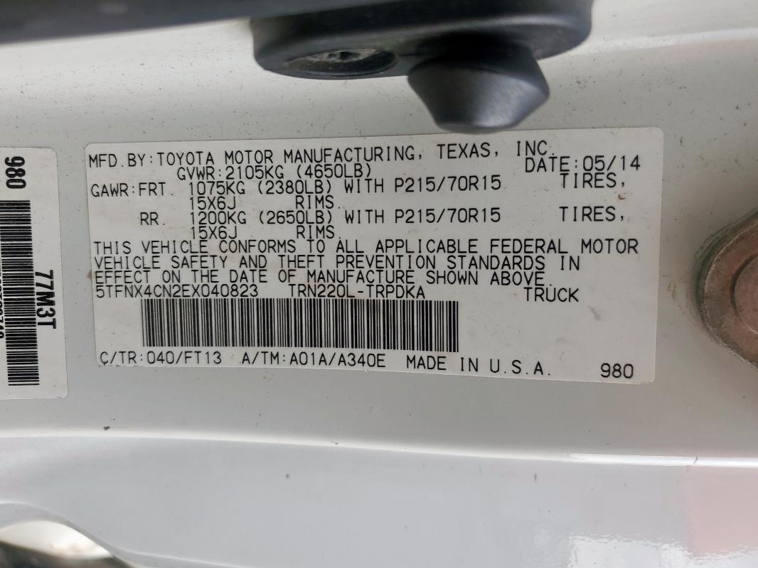 5TFNX4CN2EX040823 - 2014 TOYOTA TACOMA WHITE photo 12
