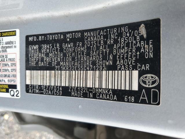 2T1KR32E55C471292 - 2005 TOYOTA COROLLA MA XR SILVER photo 12