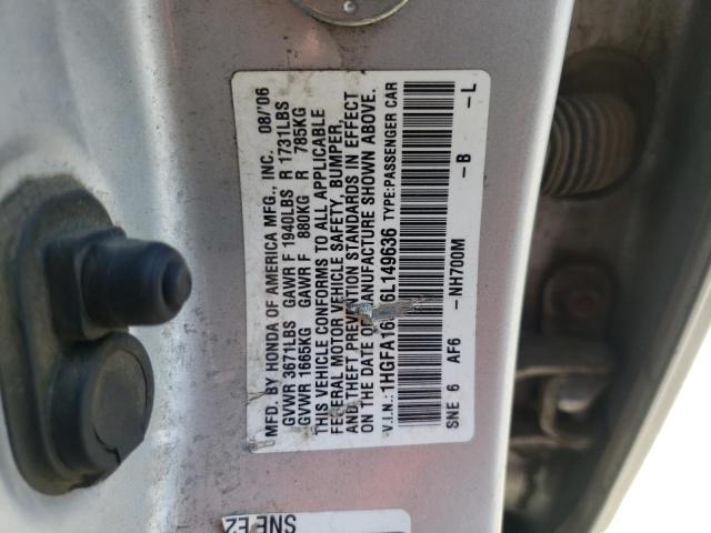 1HGFA16586L149636 - 2006 HONDA CIVIC LX SILVER photo 12