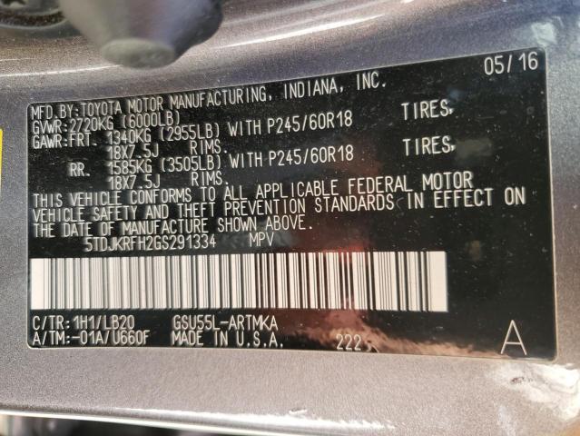 5TDJKRFH2GS291334 - 2016 TOYOTA HIGHLANDER XLE GRAY photo 13