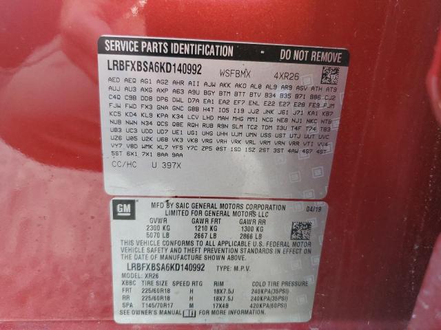 LRBFXBSA6KD140992 - 2019 BUICK ENVISION PREFERRED RED photo 13