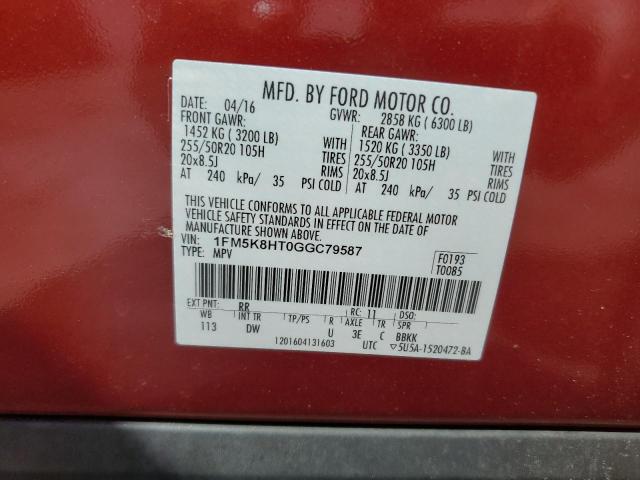 1FM5K8HT0GGC79587 - 2016 FORD EXPLORER PLATINUM RED photo 13