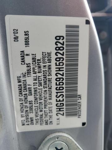 2HGES16592H592829 - 2002 HONDA CIVIC LX SILVER photo 12